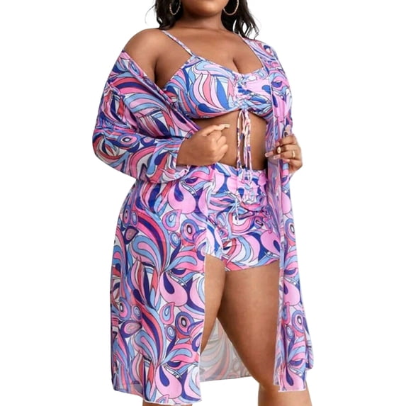 WBQ Women's Plus Size 3 Piece Bathing Suits Floral Print Swimsuit Drawstring Bikini Shorts with Kimono Cover Up