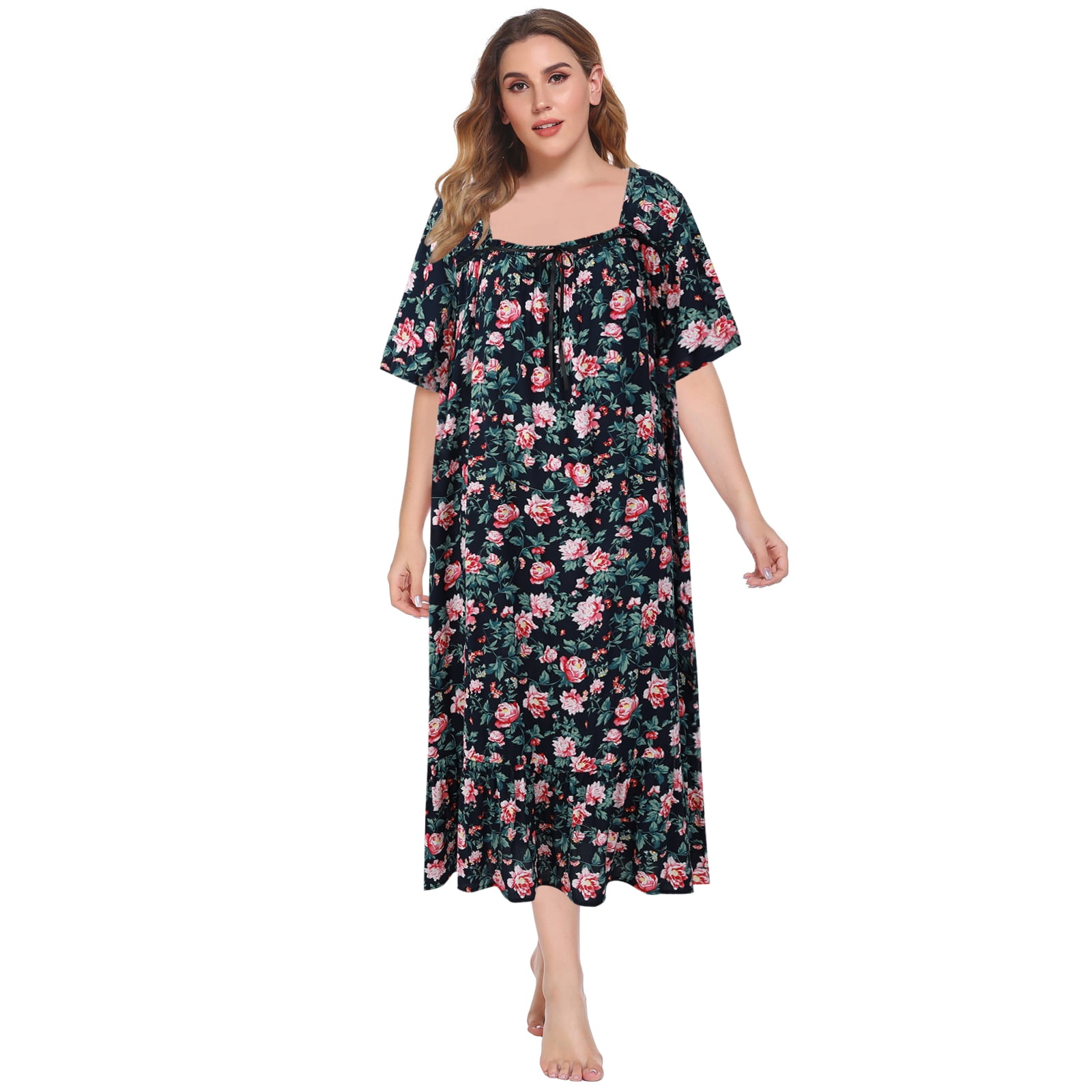 WBQ Women's Plus Size Long Nightgown Sleepwear Floral Printed House ...