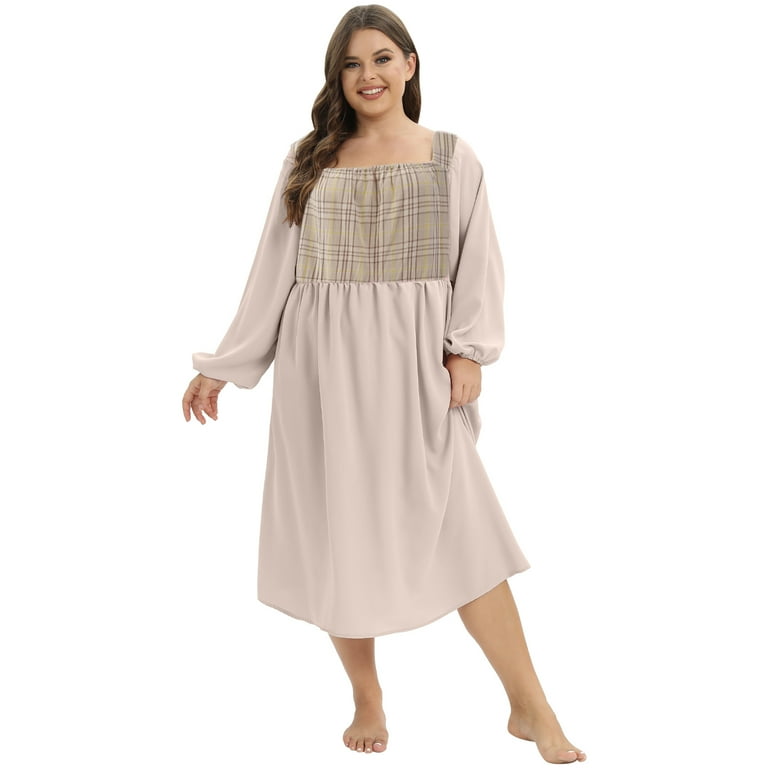 WBQ Women's Plus Size Long Sleeve Nightgown Lattice Stitching
