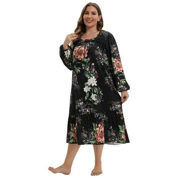 WBQ Women's Plus Size Nightgown Long Sleeve Casual House Dress Vintage Square Neck Floral Printed Long Sleepshirt Oversized Housecoat, XL-5XL