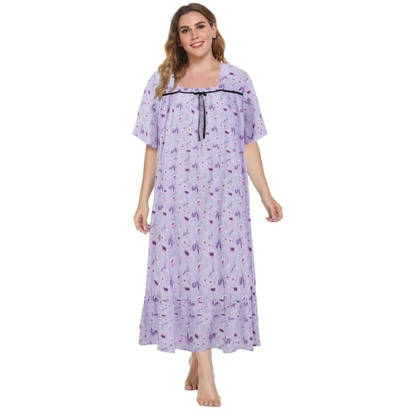 WBQ Women's Plus Size Nightgown Short Sleeves Duster Lounger Housewear Floral Print Pajamas Dress Floral Purple 4XL