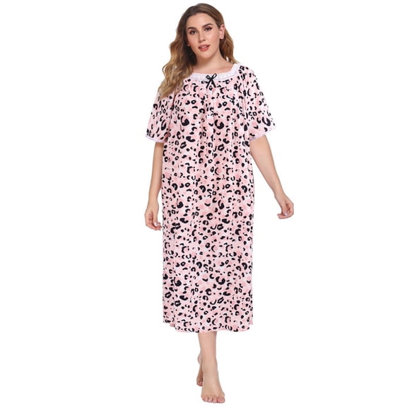 WBQ Women's Plus Size Nightgown Short Sleeves Duster Lounger Housewear Floral Print Pajamas Dress Leopard Pink 5XL