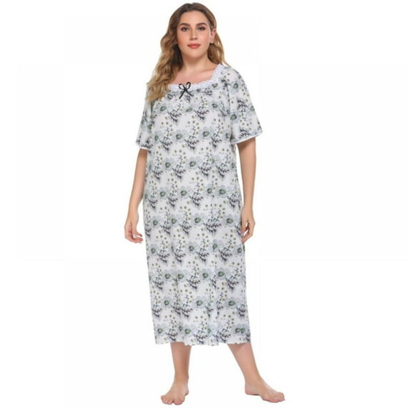 WBQ Women's Plus Size Nightgowns Long Nightdress Short Sleeve Square Neck Floral Print Nightshirt Oversized Loose Lounge Dresses Long Sleepdress, XL-4XL