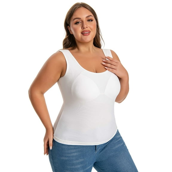 WBQ Women's Plus Size Tank Top with Shelf Bra Wide Wide Strap Camisole Summer Basic Udershirts Sleeveless Scoop Neck Tank Top XL-4XL, Non-removable, Non-adjustable