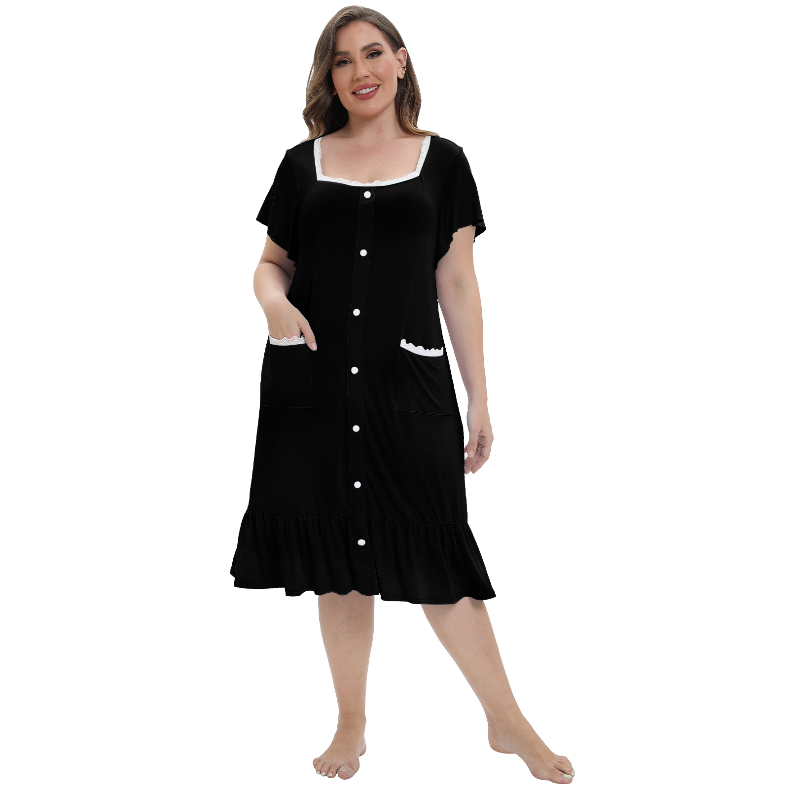 WBQ Women's Plus Size Vintage Nightgown Sleepwear with Pockets Ruffle