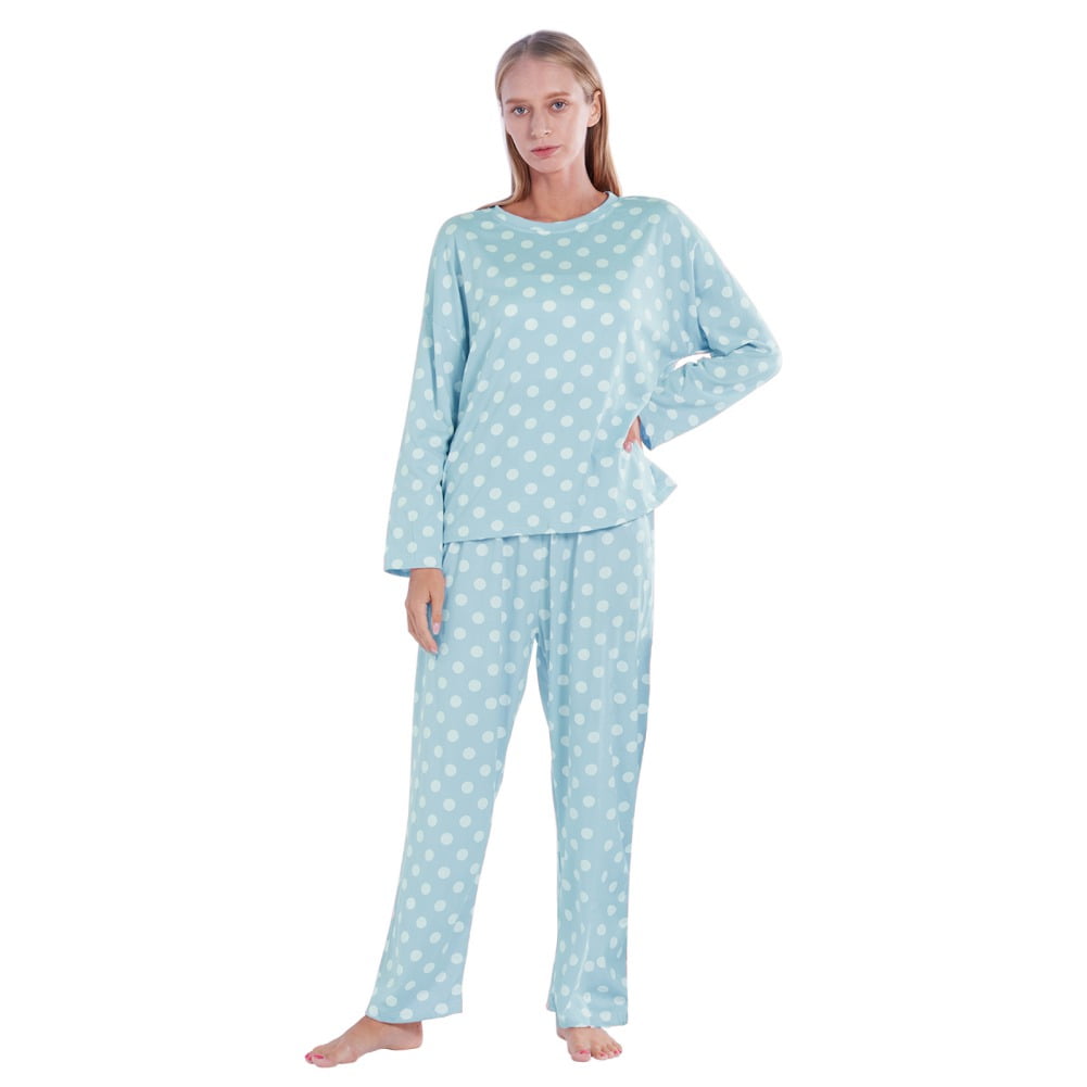 WBQ Women s Polka Dots Pajama Set Long Sleeve Sleepwear Crew Neck Pjs Suit Blue Tag XXL US 14