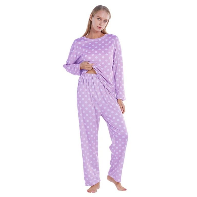 WBQ Women s Polka Dots Pajama Set Long Sleeve Sleepwear Crew Neck Pjs Suit Purple Tag M US 8