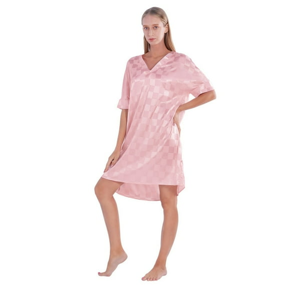 WBQ Women's Satin Nightgown Short Sleeves Argyle Patterns Lightweight Sleep Shirts Loose Sleepwear Pink Tag M/US 8