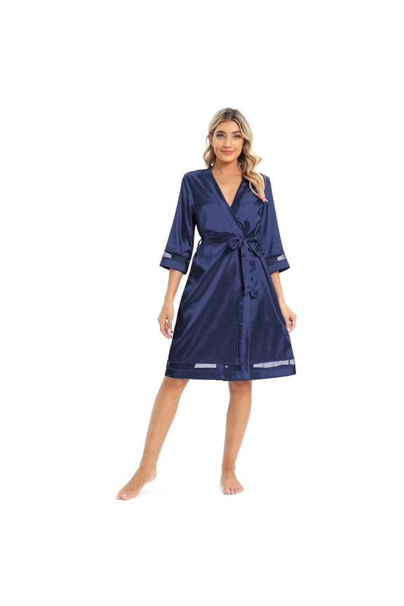 Women's Satin Robe Silk Kimono Bathrobe for Bride Bridesmaids Wedding Party Loungewear Short Blue Tag M/US 8