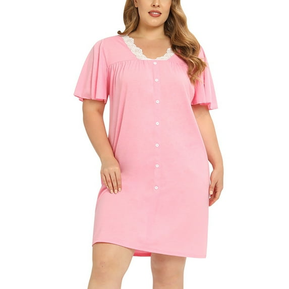 WBQ Women's Short Sleeve Plus Size Nightgown Sleepwear with Pockets, Lace V Neck Pullover Nightshirt Knee-Length Shirt Dress Pleated Front Loose Casual Nightdress Lounge House Dress, XL-4XL