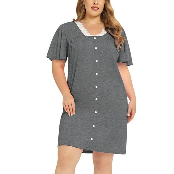 WBQ Women's Short Sleeve Plus Size Nightgown Sleepwear with Pockets, Lace V Neck Pullover Nightshirt Knee-Length Shirt Dress Pleated Front Loose Casual Nightdress Lounge House Dress, XL-4XL