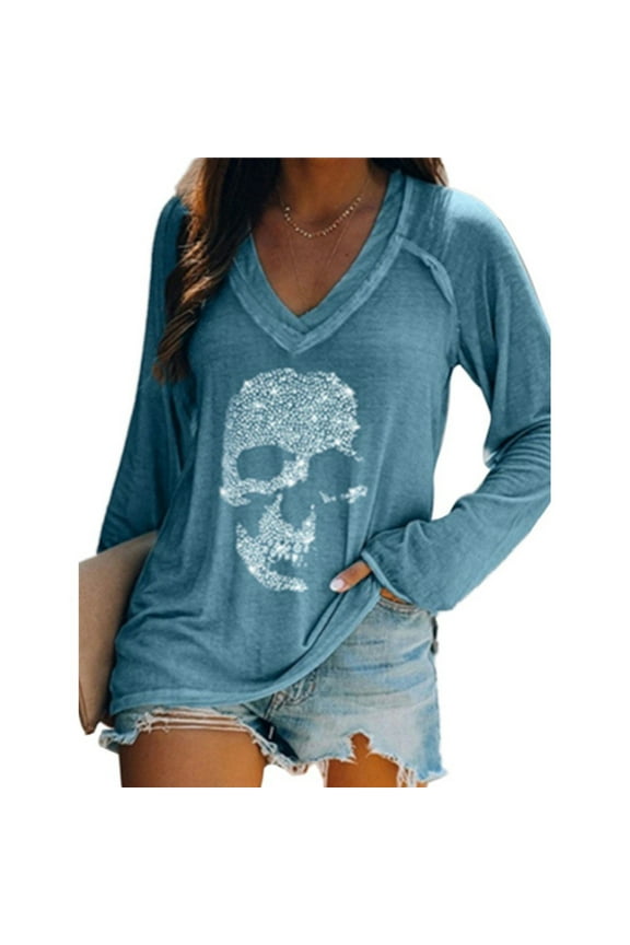 Women's Skull Shirts Skeleton Graphic Tees Halloween V Neck T Shirts Long Sleeve Black Blouses 2023 Casual Fall Tunic Tops