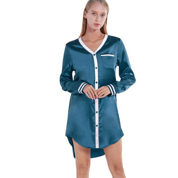WBQ Women's Soft Nightgown Silk Satin Long Short Sleeve Nightshirt Sexy V-neck Sleepshirts Button Down Boyfriend Sleepwear Pajama Top, S-2XL