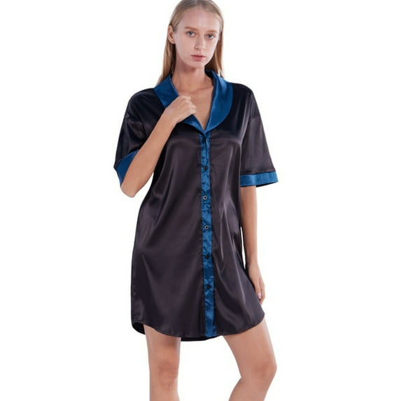 WBQ Women's Soft Nightgown Silk Satin Long Short Sleeve Nightshirt Sexy V-neck Sleepshirts Button Down Boyfriend Sleepwear Pajama Top, S-2XL