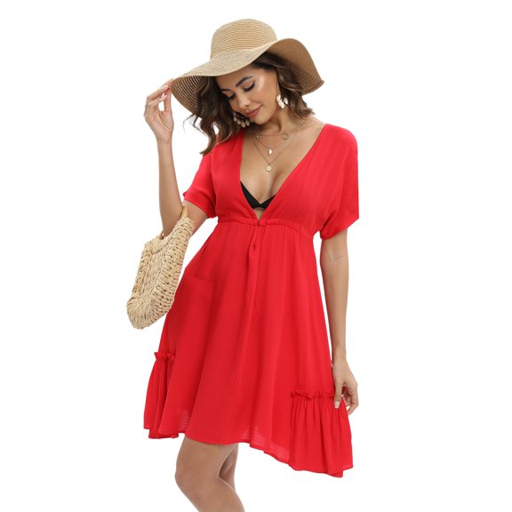 WBQ Women's Swimsuit Coverup Dress Short Sleeve Deep V Neck Beach Dress Drawstring Waist Backless Swim Cover Ups Bikini Beachwear Summer Casual Sexy Dress S-2XL