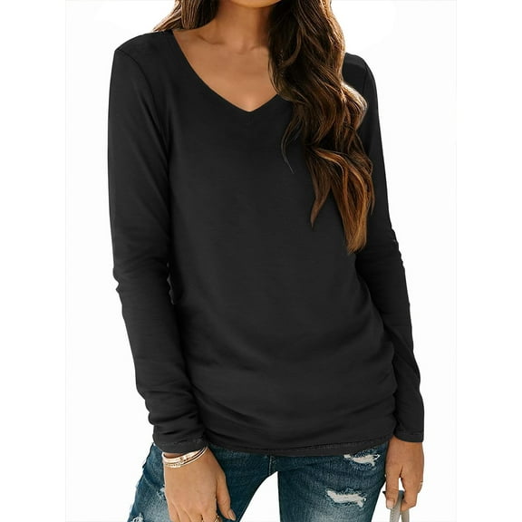 WBQ Women's T Shirt V Neck Long Sleeve Tshirt Casual Loose Fit Tunic Tops Solid Basic Tee Fall Tops S-3XL