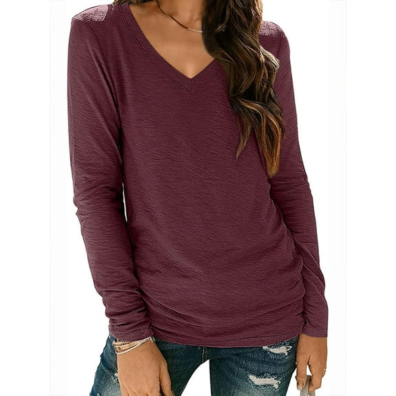 WBQ Women's T Shirt V Neck Long Sleeve Tshirt Casual Loose Fit Tunic Tops Solid Basic Tee Fall Tops S-3XL
