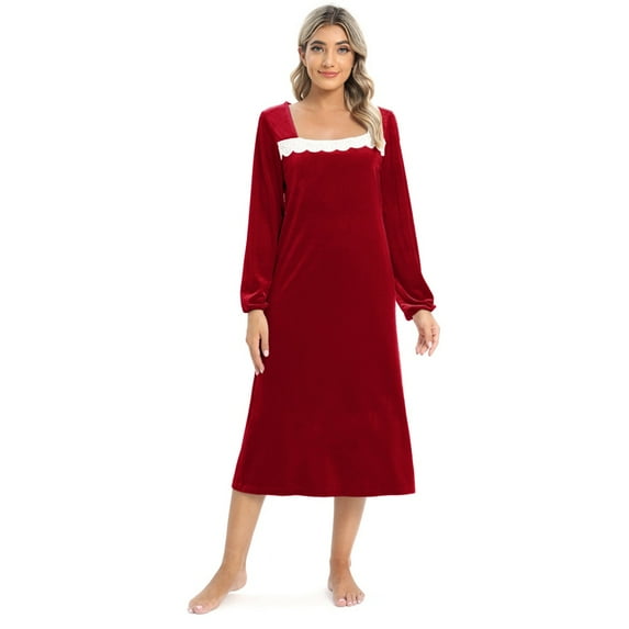 WBQ Women's Velvet Nightgowns Long Sleeve Lace V/Square Neck Vintage Sleepwear Nightshirt Pajama Dress Long Sleepshirts Ladies Lightweight Nightdress, S-2XL