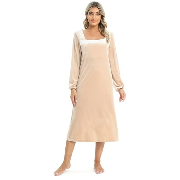 WBQ Women's Velvet Nightgowns Long Sleeve Lace V/Square Neck Vintage Sleepwear Nightshirt Pajama Dress Long Sleepshirts Ladies Lightweight Nightdress, S-2XL