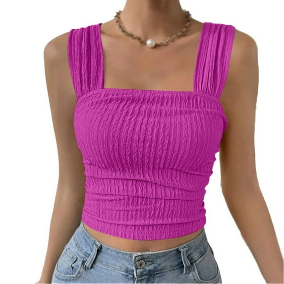 WBQ Women's Wide Strap Square Neck Crop Tank Tops Ribbed Texture Sleeveless Slim Fit Cami Shirts Backless Going Out Tops S-2XL