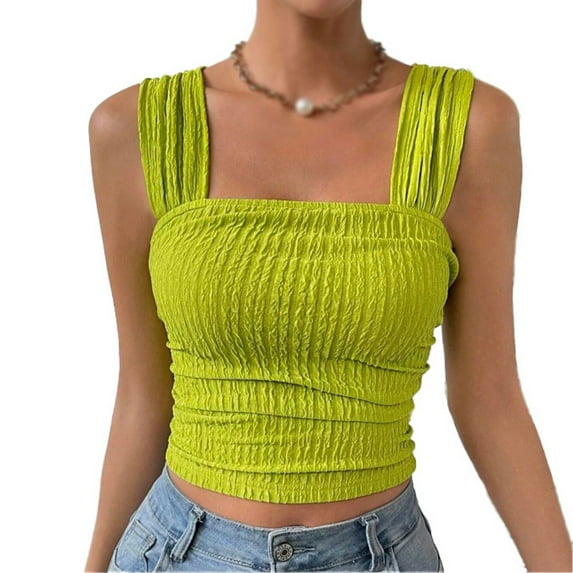 WBQ Women's Wide Strap Square Neck Crop Tank Tops Ribbed Texture Sleeveless Slim Fit Cami Shirts Backless Going Out Tops S-2XL