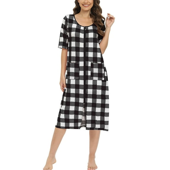 WBQ Women's Zipper Front House Coat Plaid House Dresss Short Sleeves Robe Zip up Bathrobes Loose Casual Nightgown Christmas Plaid Housecoat with Pockets, S-2XL