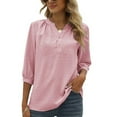 thumbnail image 1 of WBQ Womens Casual Chiffon Blouses 3/4 Sleeve Loose Tops Pompom Henley V Neck Pleated Button Down Shirts, 1 of 4
