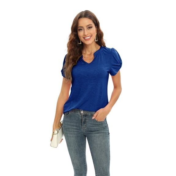 WBQ Womens Casual V Neck T Shirt Puff Sleeve Tops Ruched Elegant Summer Shirts Blue S-2XL