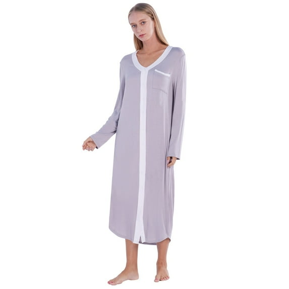 WBQ Womens Front Button Robes Lightweight House Coat Zipper Nightgown Gray Tag L/US 10