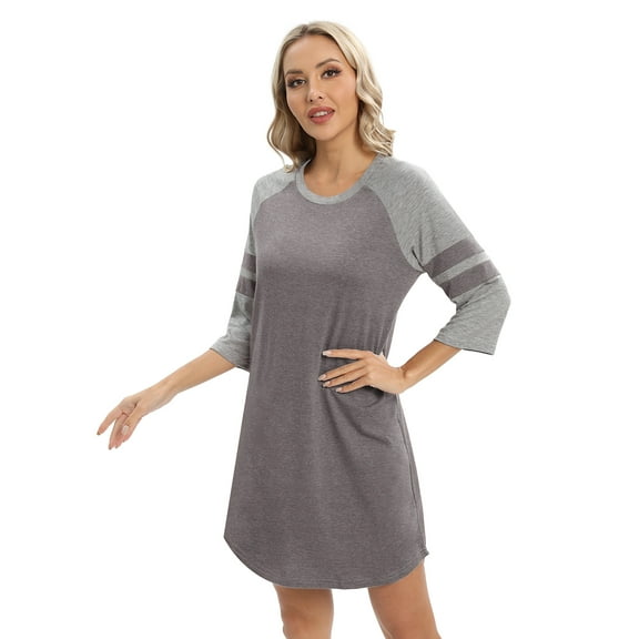 WBQ Womens Girl Nightgown Crew Neck Knit Long Sleepwear 3/4 Short Sleeve Soft Loungewear Gray S-2XL
