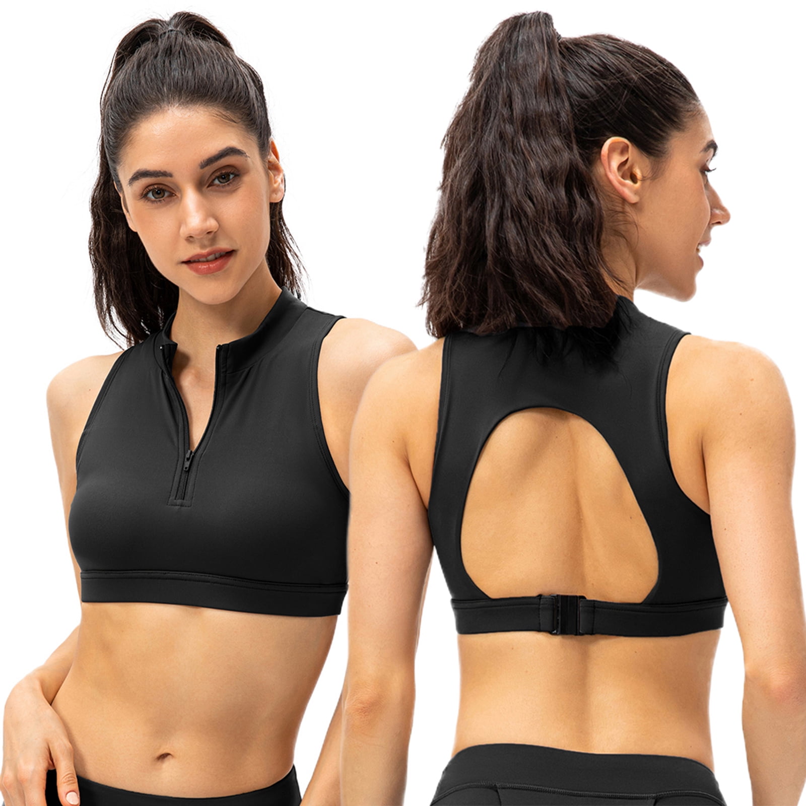 WBQ Womens High Neck Front Zip Sports Bra - Full Coverage Sports