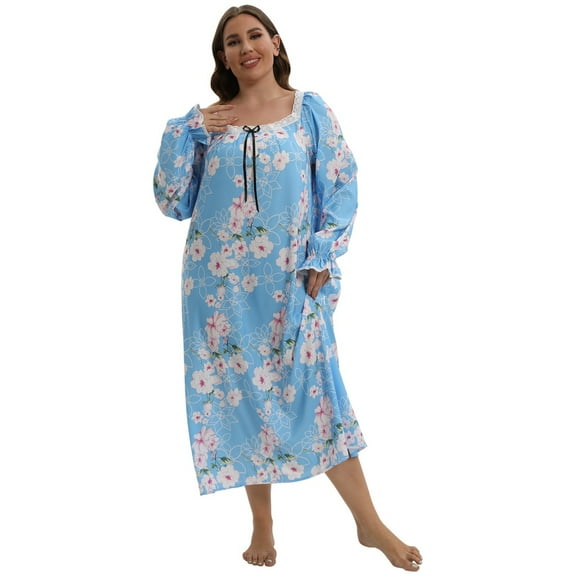 WBQ Womens Long Nightgown Floral Night Dress With Long Sleeve for Ladies Plus Size Sleep Shirts Full Length Soft Sleep Gowns