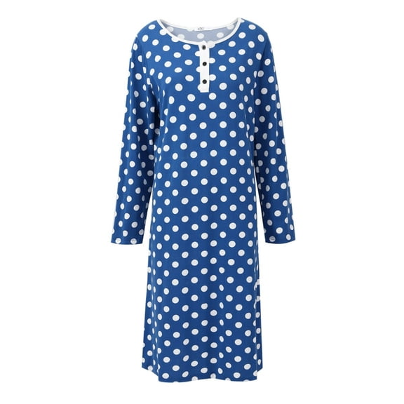 WBQ Womens Nightgown Long Sleeve Polka Dot Sleepshirts Spring Fall Loungewear House Dress Button Sleepwear Henley Nightdress, Blue S
