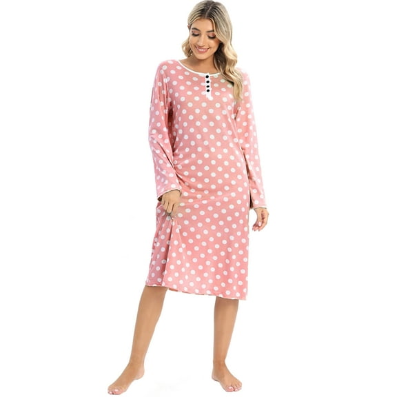 WBQ Womens Nightgown Long Sleeve Polka Dot Sleepshirts Spring Fall Loungewear House Dress Button Sleepwear Henley Nightdress, Pink 2XL