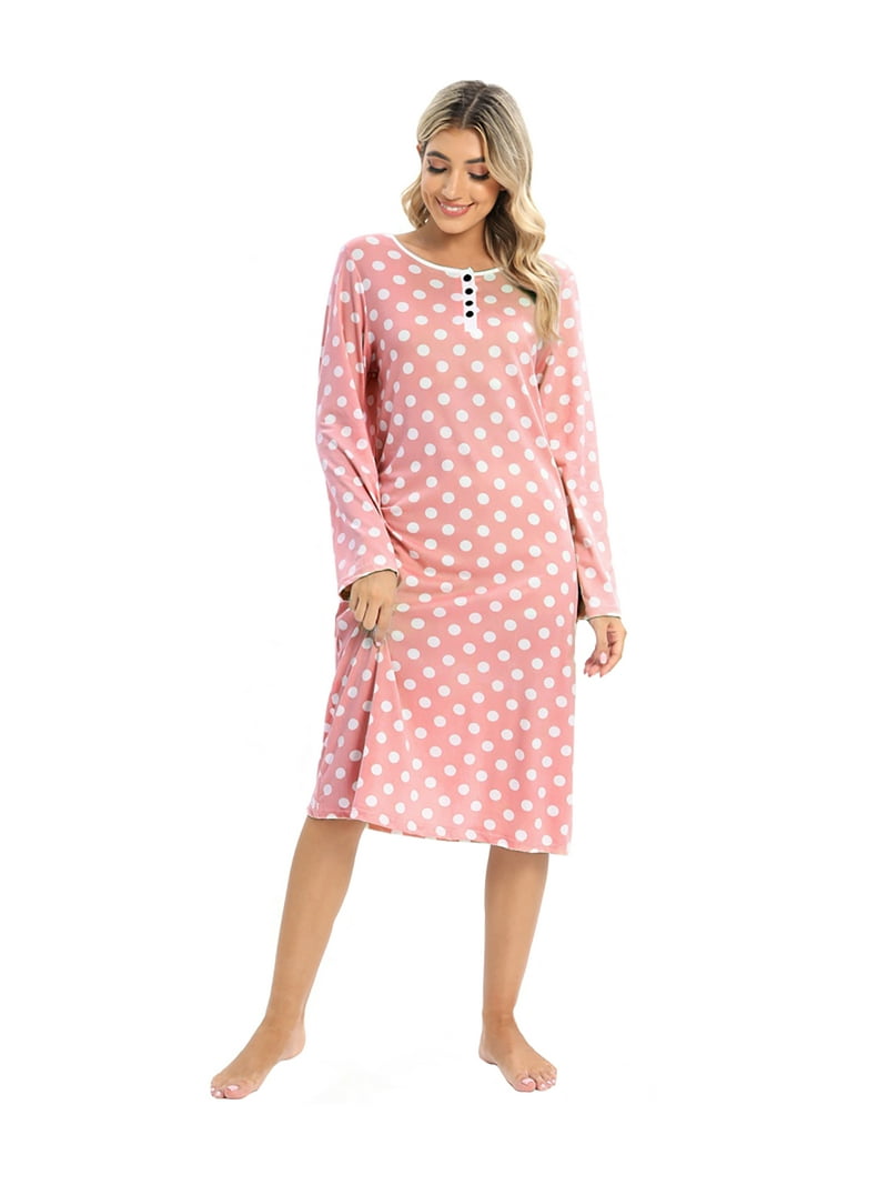 WBQ Womens Nightgown Long Sleeve Polka Dot Sleepshirts Spring Fall
