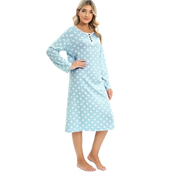 WBQ Womens Nightgown Long Sleeve Polka Dot Sleepshirts Spring Fall Loungewear House Dress Button Sleepwear Henley Nightdress, Sky Blue XL