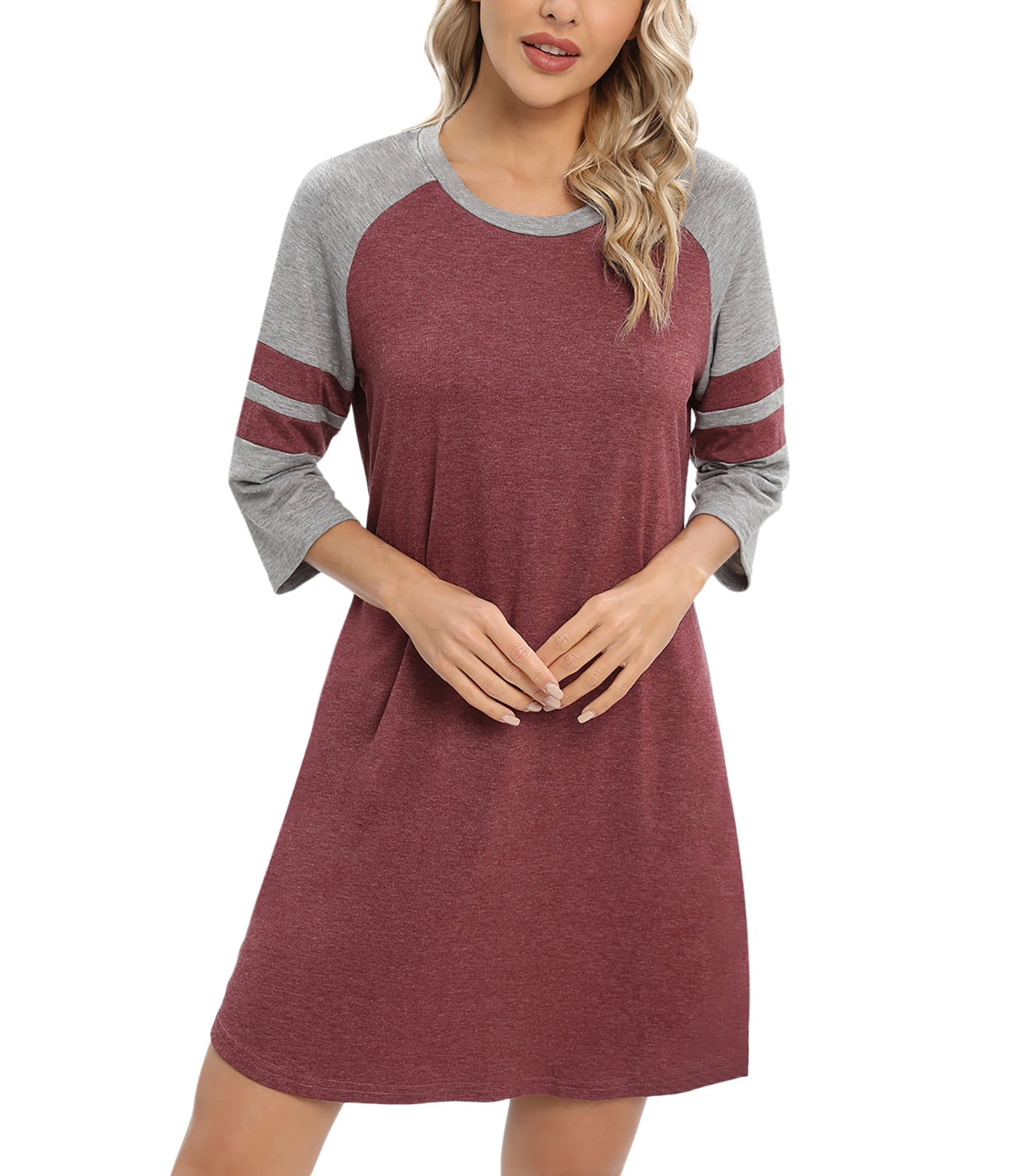 WBQ Womens Nightgowns 3/4 Long Sleeve Sleepshirts Round Neck Contrast ...
