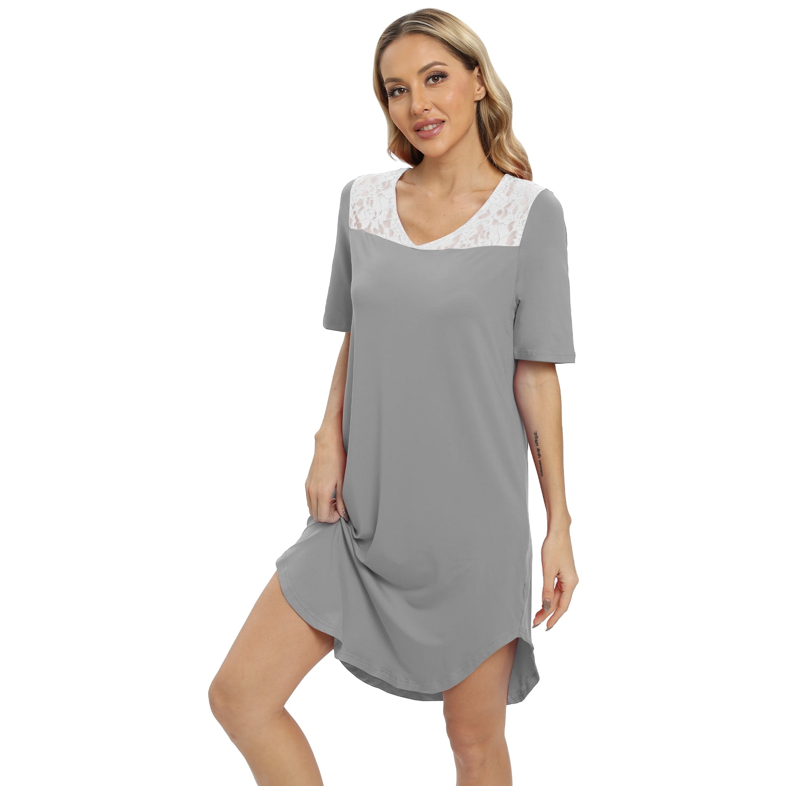 WBQ Womens Nightgowns Short Sleeve Nightshirt V Neck Sleep Shirt Comfy ...