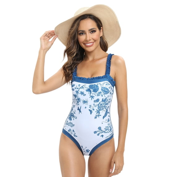 WBQ Womens Retro One Piece Swimsuit Adjustable Ruffle Straps Square Neck Tummy Control Bathing Suit Blue and White Porcelain Printed One-Piece Swimwear S-2XL