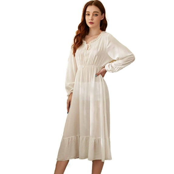 WBQ Womens See Through Nightgown Victorian Vintage Nightshirt  Ruffle Princess Sleepwear Nightdress Long Sleeve Sheer Pajamas Dress Nightwear, S-XL