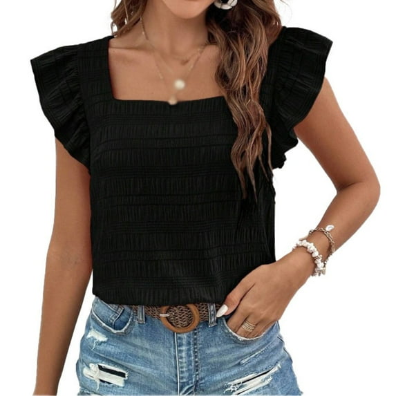 WBQ Womens Summer Top Ruffle Cap Sleeve Square Neck Blouse Pleated Textured Shirt Dressy Casual Tops S-2XL