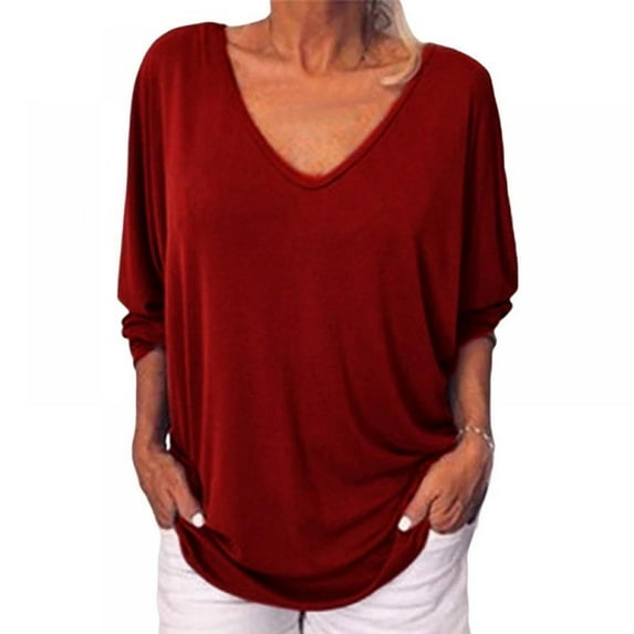 WBQ Womens Summer Tops V Neck Batwing 3/4 Sleeve Shirt Casual Loose Tunic Tee T-Shirt