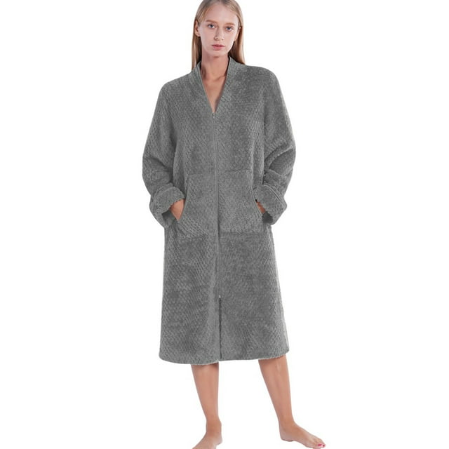 WBQ Womens Zipper Long Robes Soft Flannel Plush Housecoat Plus Size ...