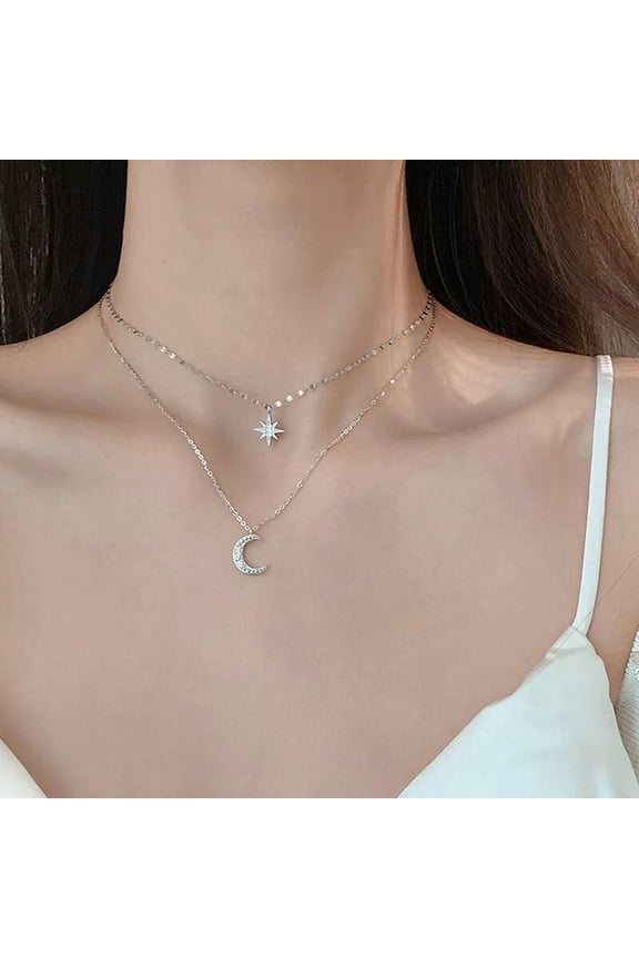 Fashion Simple Double Layer Star Moon Pendant Necklace Light Luxury Neck ChaBI-default