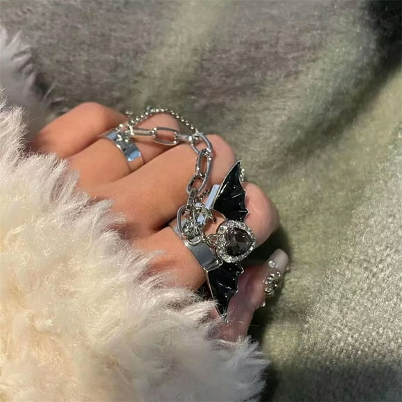 Punk Gothic Black Bat Wing Cross Chain Rings Crystal Heart Double Finger Rinjo-default