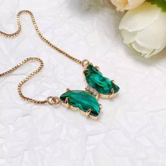 WBQF Women 925 Silver Cubic Zirconia Butterfly Pendant Necklace Wedding Jewelry Gifts-Green