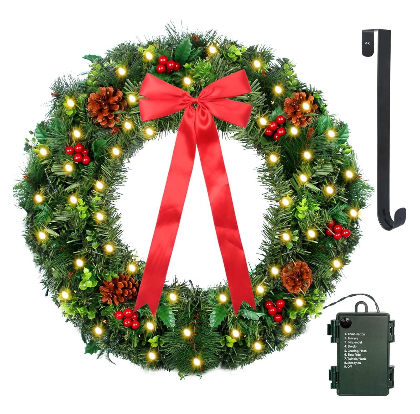 WBTAYB Prelit 24inch Christmas Wreath Battery Operated 50 Warm White