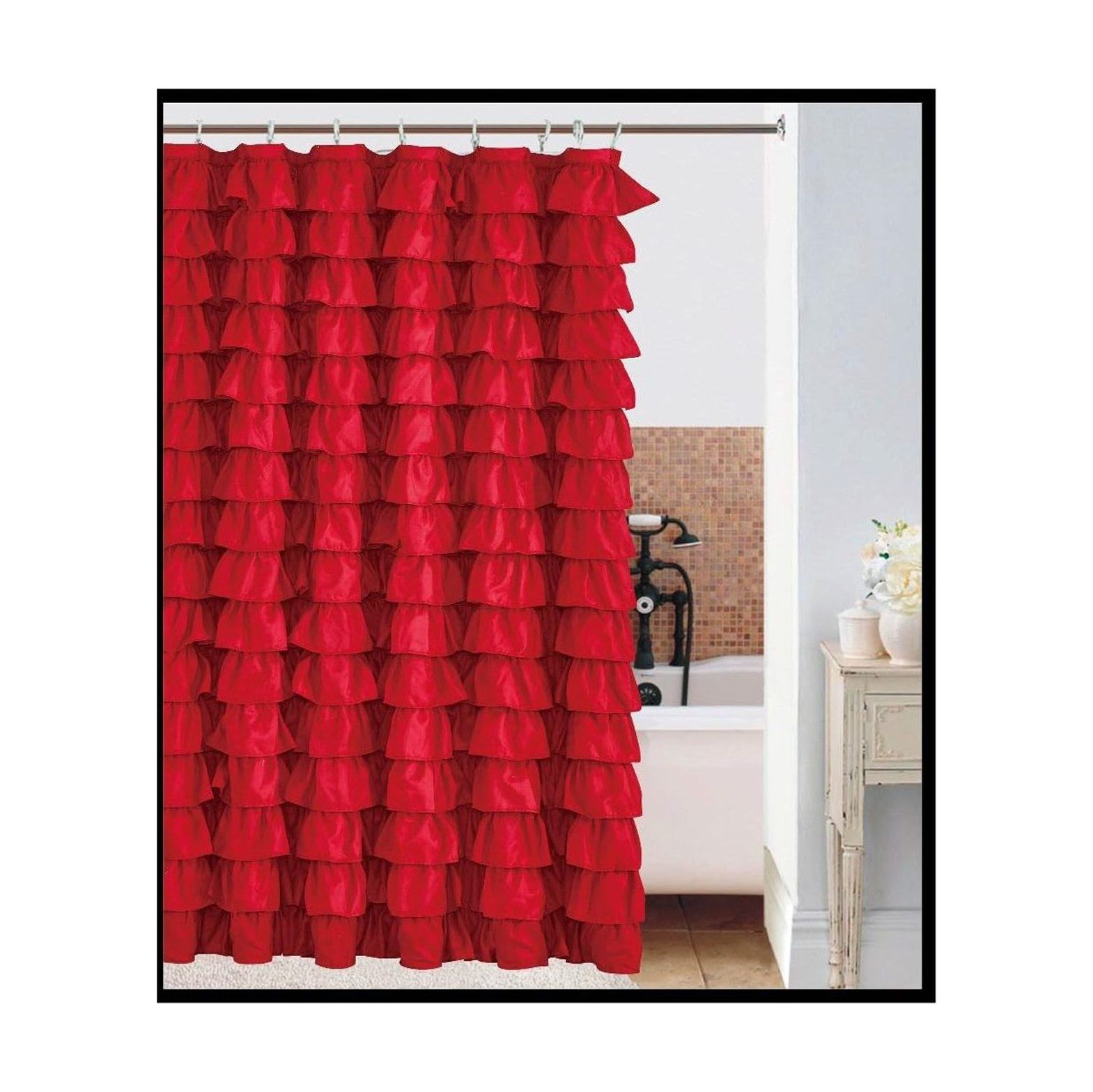 WBTAYB Waterfall RED Ruffled Shower Curtain