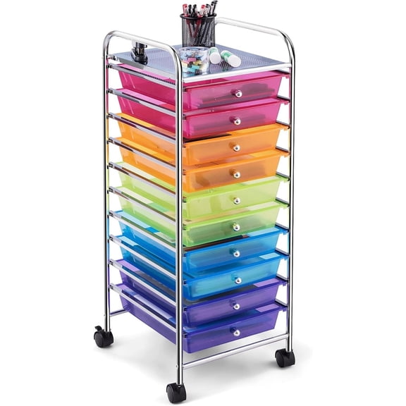 WBTER 10-Drawer Rolling Storage Cart, Utility Mobile Trolley with Removable Drawers & Universal Casters & 2 Brakes, Versatile Flexible Drawer Organizer Cart for Home, Office (Rainbow)