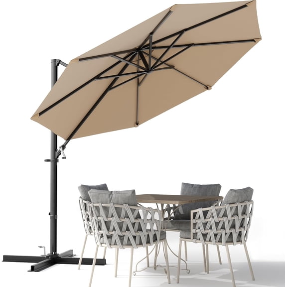 WBTER 10ft Cantilever Patio Umbrella, Round Large Outdoor Umbrella with 360-Degree Rotation, Hanging Offset Market Sun Umbrella, Easy Tilt and Heavy-Duty Frame, for Patio Backyard Garden, Brown
